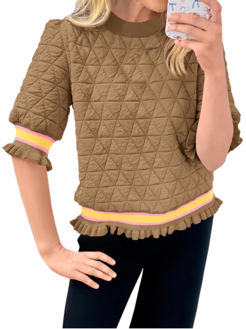 NEW Quilted Pattern Lantern Sleeve Textured Ruffle Sweatshirts Crewneck 2X